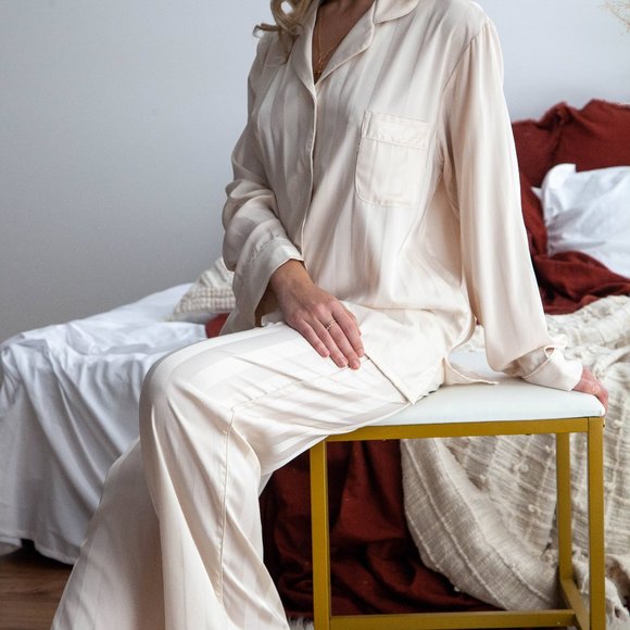 White Stripe Pajamas Silk Long Sleeve Pant